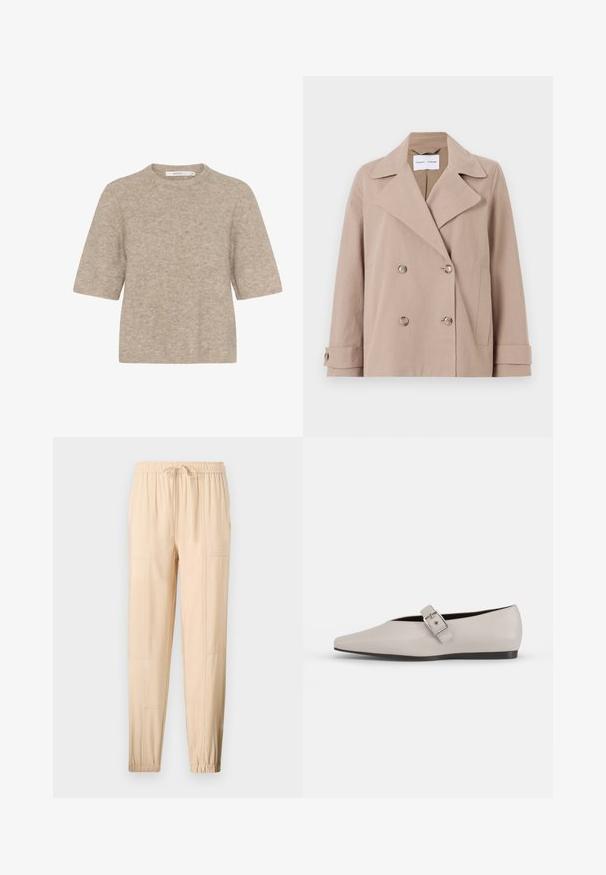 Veste beige croisée en tissu mélangé coton, présentant de grands rabats, deux poches avant et des poignets boutonnés.; Pull léger beige à manches courtes en tricot doux, avec un col rond et une coupe décontractée. La texture est légèrement duveteuse.; Pantalons beiges légers avec une taille élastique, un cordon de serrage ajustable, une coupe fuselée et des poches latérales ; texture lisse et coutures minimales.; Chaussure plate en cuir beige avec un bout pointu, un accent de boucle sur le côté et une semelle noire basse. Texture lisse et design minimaliste.