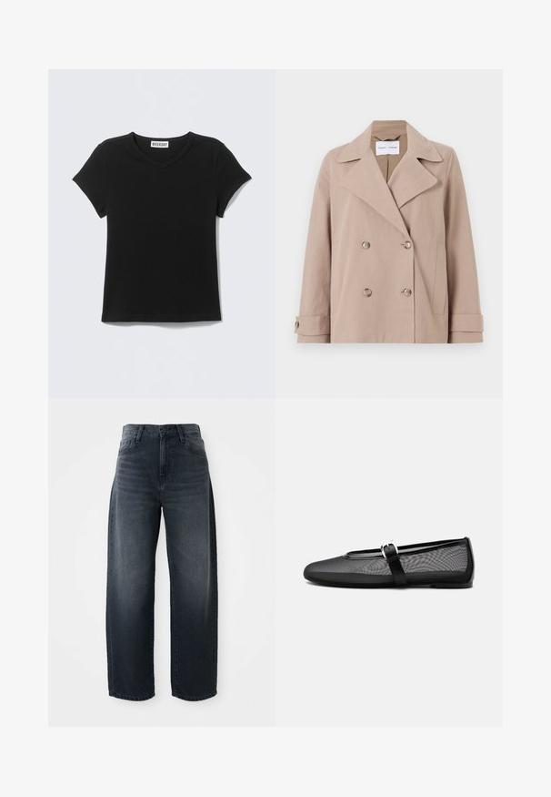 Veste beige croisée en tissu mélangé coton, présentant de grands rabats, deux poches avant et des poignets boutonnés.; T-shirt noir à manches courtes et col en V avec l'étiquette "WEEKDAY" sur le col, posé à plat sur un fond gris clair.; Jeans évasés en denim indigo, avec une taille haute, une fermeture classique à bouton et glissière, et un délavage subtil sur le devant.; Ballerine noire en mesh avec bout rond et bride Mary Jane réglable avec boucle argentée, sur un fond gris clair uni.