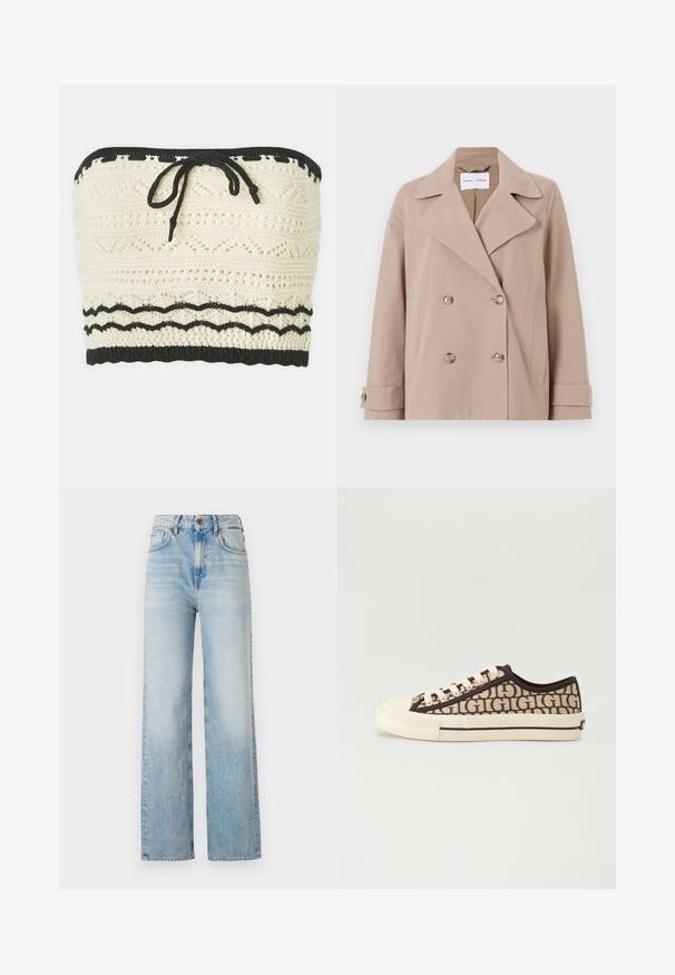 Chaqueta beige de corte cruzado hecha de una mezcla de algodón, con grandes solapas, dos bolsillos frontales y puños abotonados.; Top corto de punto en marfil con un patrón texturizado, que presenta una banda elástica negra en la parte superior e inferior y un detalle de lazo en el frontal.; Jeans de pierna ancha de color azul claro, elaborados en denim, con una cintura alta, ligero desvanecimiento y un diseño tradicional de cinco bolsillos con costuras en contraste.; Zapatillas de lona marrón con patrón, cordones beige, una suela de goma texturizada y una combinación de colores que va del crema al beige.