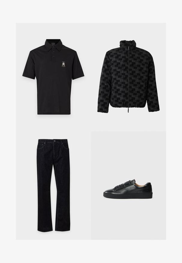 Veste noire zippée avec col montant, ourlet élastique et motif répétitif du logo EA7 sur le tissu.; Polo noir à manches courtes avec trois boutons et petit logo blanc Armani Exchange sur la poitrine gauche.; Jean en denim noir à jambes droites, fermeture avant par bouton et zip, deux poches avant et passants pour ceinture sur fond uni.; Baskets en cuir noir avec une texture lisse, bout rond et fermeture à lacets. Comprend une semelle en caoutchouc épaisse et un minimum de détails de marque.