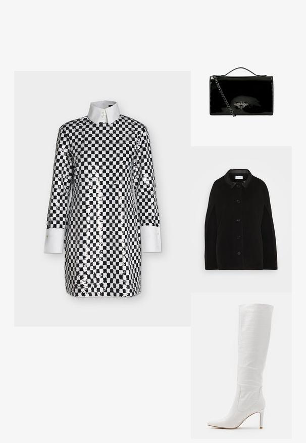 VILA VICEMRE BUTTON - Cape - black; Robe à manches longues à carreaux noirs et blancs avec des sequins brillants, col pointu blanc et poignets blancs.; RAID TRIBUTE - Bottes à talons hauts - white; Sac à main en cuir verni noir avec une bandoulière en chaîne, arborant un emblème décoratif en métal en forme d'abeille sur le devant. Forme rectangulaire avec finition brillante.