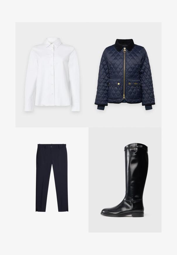 Marineblauwe gewatteerde jas met een corduroy kraag, voorrits, twee knoopzakken en ribgebreide manchetten. Voorzien van gouden hardware accenten.; CLOSED CLASSIC SHIRT WITH STRAP DETAIL - Overhemdblouse - white; Heren slim-fit broek in donkerblauw met riemlussen, voorzakken, gulp en kleine splitjes aan de voorkant van de pijpen bij de zoom.; Zwarte rubberen hoge laars tot de knie met een gladde afwerking, ronde neus en decoratieve band aan de bovenkant. Voorzien van een lage, platte zool.