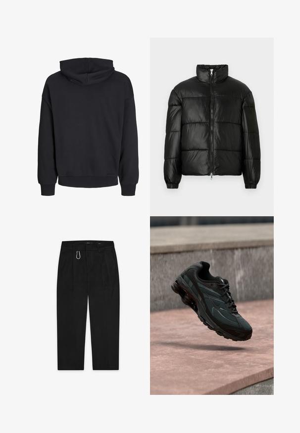Doudoune noire avec un col montant, fermeture éclair sur le devant, design matelassé, poignets élastiques et finition en tissu lisse et brillant.; Sweat à capuche noir à manches longues, poignets et ourlet côtelés, vu de dos, avec une capuche cousue sans éléments de design visibles.; Pantalon noir à coupe droite, doté d'un clip en métal argenté et de deux poches latérales. Fabriqué en tissu lisse.; Baskets athlétiques noires avec une semelle intercalaire à coussin d’air visible flottant au-dessus d’une surface en pierre rose avec un mur en pierre gris en arrière-plan.