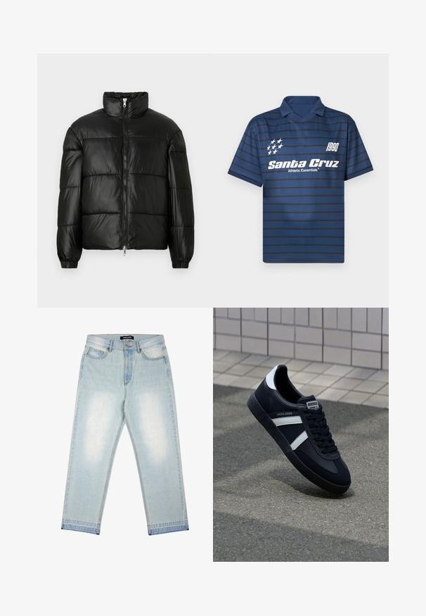 Zwarte pufferjack met een hoge kraag, ritsvoorzijde, gestikt ontwerp, elastische manchetten en een glanzende, gladde stofafwerking.; Blauwe gestreepte poloshirt gemaakt van een gladde stof. Kenmerkt zich door een kraag, een logo met "Santa Cruz" en het jaar "1990" in het wit op de voorkant.; Pegador BARROW - Wijde jeans - sand washed blue; Zwarte leren sneaker met witte strepen, een gestructureerde rubberen zool en vetersluiting aan de voorkant. Voorzien van een merklabel op de tong.