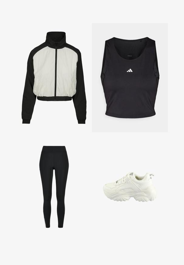 Veste coupée avec un schéma de couleurs noir et blanc, fabriquée en tissu lisse et léger, dotée d'un col haut et d'une taille élastiquée.; Crop top de sport noir en tissu évacuant l'humidité, avec un col rond, sans manches, et logo blanc sur la poitrine.; Leggings noirs avec une taille haute, dotés de bandes blanches sur les côtés, fabriqués dans un tissu extensible pour le confort et la flexibilité.; Baskets blanches avec un design chunky, une tige en synthétique lisse, un col rembourré et une semelle en caoutchouc texturé avec un motif en losange.