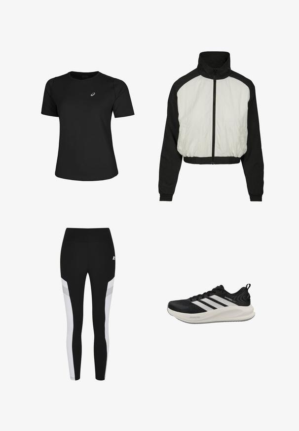 Geknipte jas met een zwart-wit kleurenschema, gemaakt van gladde, lichte stof met een hoge kraag en elastische tailleband.; Zwart sport t-shirt van gladde stof, met een ronde halslijn en korte mouwen. Inclusief een reflecterend logo aan de voorkant links.; Zwarte leggings met witte en lichtgrijze panelen aan de zijkanten, gemaakt van stretchstof met een soepele textuur. Logo op de tailleband.; Zwart-witte Adidas Supernova hardloopschoen met mesh bovenwerk, drie strepen, een dempende zool met het label Dreamstrike en een hielriempje.
