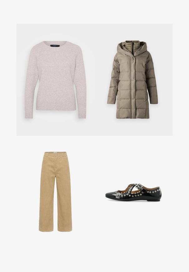 Polstret lang frakke i en dæmpet taupe farve, med en struktureret hætte, lodrette sømme og sidelommer. Lavet af glat, isolerende materiale.; Lys rosa sweater med rund hals, lange ærmer og ribbede manchetter. Blød tekstur med et subtilt meleret mønster.; Beige brede corduroy bukser med bæltestropper, knap foran og lynlås, der har forlommer på en hvid baggrund.; Sorte patentlæder sko med udskæringsdesign, sølvnagle-accenter og justerbar rem med spænde. Lav, flad sål. Unik detaljer langs kanterne.