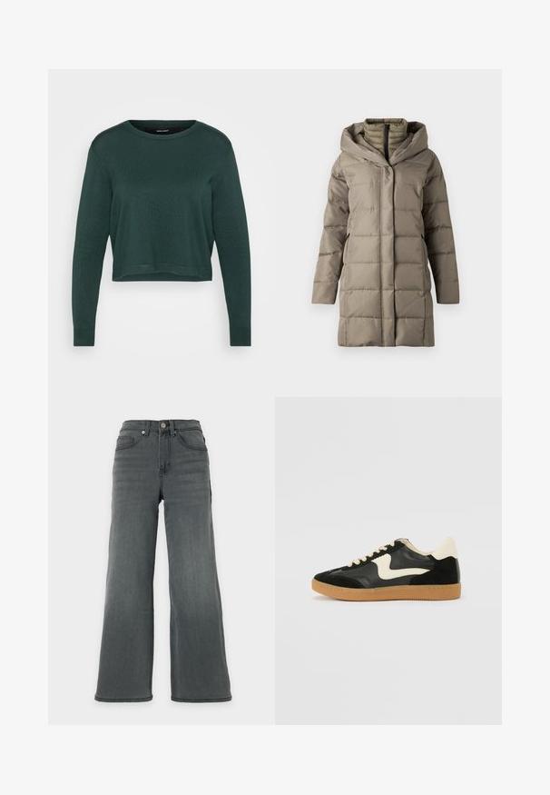 Polstret lang frakke i en dæmpet taupe farve, med en struktureret hætte, lodrette sømme og sidelommer. Lavet af glat, isolerende materiale.; Mørkegrøn cropped sweater med rund hals og lange ærmer, prydet med en strikket tekstur samt ribkant ved kantene og ærmerne.; Højtaljede, vidde mørkegrå denimjeans med forlommer og knaplukning på en neutral baggrund.; Sorte ruskinds- og lædersneakers med en cremefarvet side-swoosh og lys cremefarvet hæl. Har beige snørebånd og en gummirubber-sål.