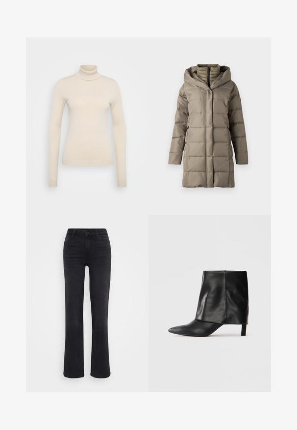 Gevoerde lange jas in een gedempte taupe kleur, met een gestructureerde capuchon, verticale naden en zijzakken. Gemaakt van glad, isolerend materiaal.; Vero Moda Tall VMHAPPINESS ROLLNECK - Trui - oatmeal; Zwarte spijkerbroek van denim met een rechte pijp, voorzien van een knoopsluiting aan de voorkant, vijf zakken en subtiele stikseldetails.; Zwarte leren laars tot halverwege de kuit met een spitse neus, opgevouwen bovenste schacht en slanke lage hak, staand op een witte achtergrond.