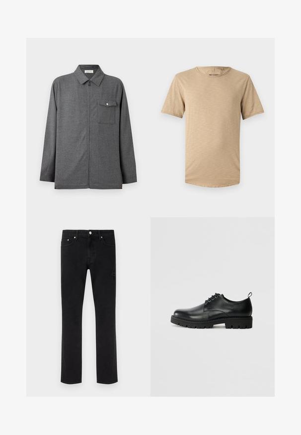 Veste zippée grise pour homme avec col et une poche poitrine unique munie d'un rabat boutonné, présentée sur un fond uni.; T-shirt beige à manches courtes en tissu doux. Il présente un col rond et une surface légèrement texturée avec un ourlet arrondi.; Jeans noirs à jambes droites avec cinq poches et des détails délicatement usés sur un fond clair uni.; Chaussure en cuir noir à bout arrondi, présentant un design à lacets, une semelle en caoutchouc noire robuste et un petit onglet de talon à l'arrière.