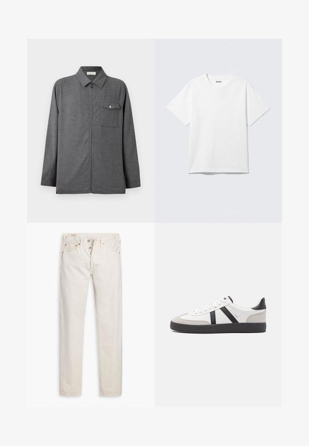 Grijze herenjas met rits, kraag en een enkele borstzak met een klep en knoop, getoond tegen een effen achtergrond.; Witte T-shirt met korte mouwen en ronde hals, plat gelegd, effen ontwerp, met een "WEEKDAY" label in de kraag op een lichte achtergrond.; Oudwitte high-rise slim-fit jeans met knoopsluiting, vijf zakken en koperen klinknagels, plat gelegd op een witte achtergrond.; Witte sneaker met zwarte en grijze accenten, voorzien van een grijze neus met textuur, zwarte rubberen zool en platte witte veters. Schoon ontwerp, minimalistische stijl.
