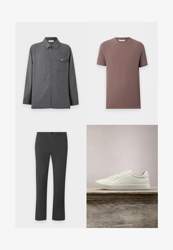 Veste zippée grise pour homme avec col et une poche poitrine unique munie d'un rabat boutonné, présentée sur un fond uni.; T-shirt à manches courtes en maille côtelée mauve atténué avec encolure ronde, présenté à plat sur un fond clair.; Pantalon noir en tissu lisse, avec une coupe droite, fermeture éclair, bouton et passants de ceinture. Style basique et fonctionnel.; Sneaker en dentelle blanche flottant au-dessus d'un banc en bois avec un feuillage vert en arrière-plan, mettant en valeur le design et la texture de la chaussure.