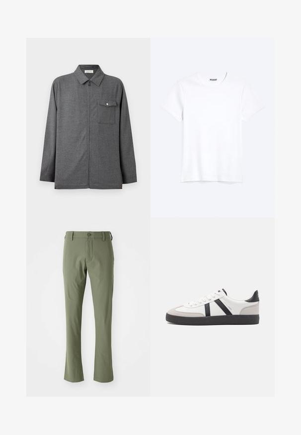Herregrå lynlåsjakke med krave og enkelt brystlomme med knappelukning, vist på en ensfarvet baggrund.; Enkelt hvid T-shirt med korte ærmer og rund hals med synligt WEEKDAY-mærke i kraven, vist på en lys baggrund.; Grønne skræddersyede bukser med slim fit, lavet af glat stof. Har en frontlynlås, knaplukning og lige sømme.; Hvide sneakers med sorte og grå detaljer, med en tekstureret grå tåhætte, sort gummisål og flade hvide snørebånd. Rent design, minimalistisk stil.