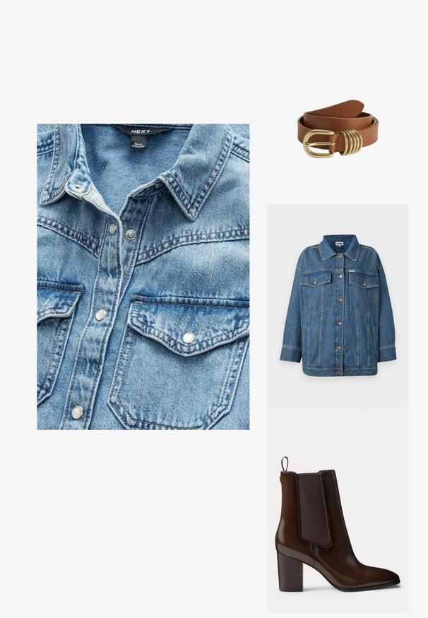 Blauwe spijkerjacket met knopenfront, twee knoop-flap borstzakken, zijzakken en contrasterende stikseldetails.; Lichtblauwe denim overhemd met twee voorzakken, drukknoopsluitingen en een puntige kraag. Gestructureerde stof met zichtbare stikseldetails.; Donkerbruine leren enkellaars met blokhak en elastisch zijpaneel, voorzien van een trekhangsel aan de achterkant voor gemakkelijk aan- en uittrekken.; Bruine leren riem opgerold met een glanzende gouden gesp en vier gouden ringen bij de gesp.