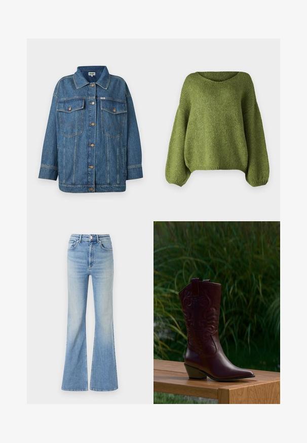 Sinine denim jakk nööpidega ees, kahe nööpflapi rinna-taskuga, küljetaskutega ja kontrastsete õmblusdetailidega.; JDY Knitted JDYDINEA Knitted - Džemper - fern; Heledad sinine flared teksapüksid, millel on kõrge vöökoht, viie tasku disain ja peen gradiseeruv hägusus alates hemist.; Tumepruun nahast cowboy-saabas tikitud mustrite, madala kaldega kand ja tõmblussidega, paigutatud puidust pingile roheliste taimede taustal.