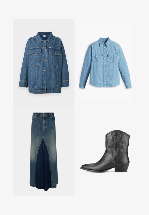 Blauwe spijkerjacket met knopenfront, twee knoop-flap borstzakken, zijzakken en contrasterende stikseldetails.; Lichtblauwe spijker blouse met lange mouwen, puntige kraag, twee borstzakken, knoopsluiting en subtiele textuur. Geen zichtbare patronen.; Blauwe denim maxi-rok met een voor-invertpleat, riemlussen, knoop- en ritssluiting, en vervaagde wasdetails.; Zwarte leren cowboylaars met een spitse neus, decoratieve stiksels op de schacht en een gestapelde hak. Glad van structuur en geen zichtbare metallic onderdelen.