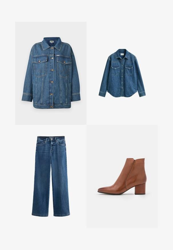 Blaues Denim-Jackett mit Knopfvorderseite, zwei Brusttaschen mit Klappen, Seitentaschen und kontrastierenden Nähten.; Blaues Jeanshemd mit langen Ärmeln, Kragen, Druckknöpfen vorne und zwei Brusttaschen mit Klappe, vor einem weißen Hintergrund gezeigt.; Blaue weit geschnittene Jeans aus Denim mit hoher Taille, fünf Taschen, subtilen Abnutzungserscheinungen, Knopfverschluss und kontrastierenden Nähten.; Braune Leder-Ankle-Boots mit spitzem Zehenbereich, mittelhohem Blockabsatz und minimaler Nahtgestaltung. Glatte Textur mit polierter Oberfläche.