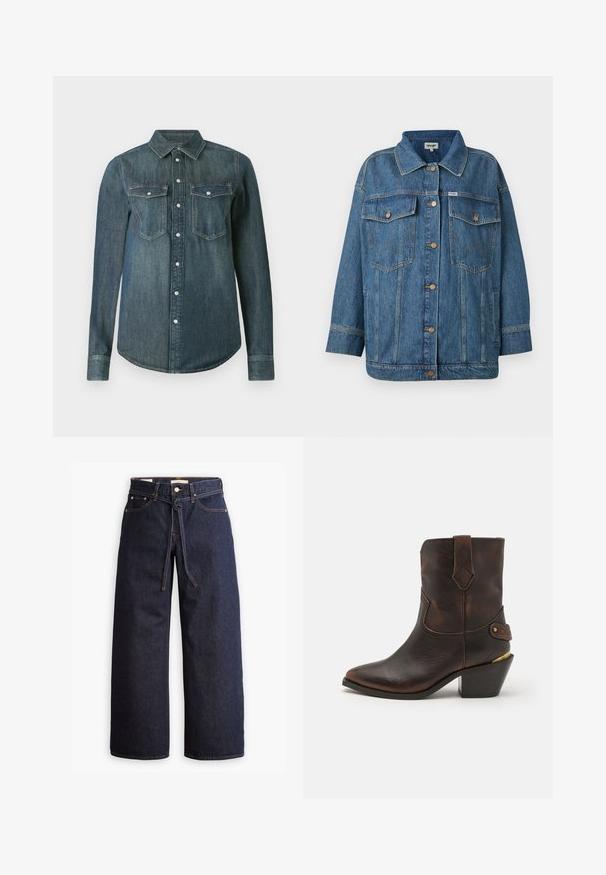 Blå denimjakke med knaplukning, to brystlommer med flap, sidelommer og kontrastbånddetaljer.; Langærmet mørkeblå denimskjorte med knaplukning foran og to brystlommer med klap og knapper.; Bredde ben mørkeblå denim jeans med høj talje, der har snoretræk, fem lommer og kontrastsyet detaljer.; Brune læder cowboystøvle med spids tå og stablet hæl. Har et dekorativt diamantmønster og en rem med hardware-detajle.