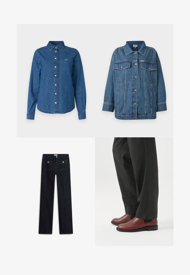 Blå denimjakke med knaplukning, to brystlommer med flap, sidelommer og kontrastbånddetaljer.; GANT REG - Skjortebluser - indigo; Mørkeblå denimjeans med lige ben, der har to forlommer og synlige syningsdetaljer. Ingen synlige slidmærker.; Person iført mørkegrå bukser med lige ben og brune lædersko uden snøre, stående på et hvidt gulv.
