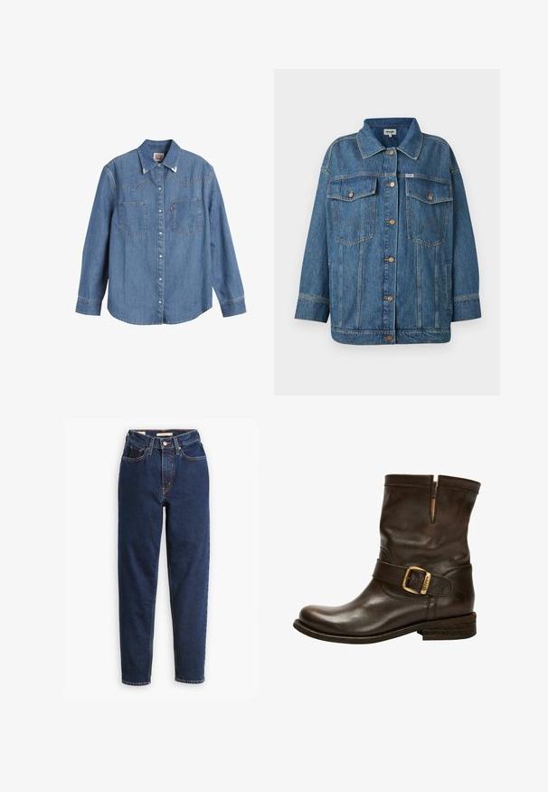 Blauwe spijkerjacket met knopenfront, twee knoop-flap borstzakken, zijzakken en contrasterende stikseldetails.; Lichtblauwe denim overhemden met lange mouwen, puntige kraag, twee borstzakken en contrasterende stiksels. Heeft een westers stijl yoke ontwerp.; Donkerblauwe denimjeans met een hoge taille, vijf-pocket ontwerp en rechte pijpen. Contrasterende stiksels en een knopen-flapsluiting.; Bruine leren enkelboot met een ronde neus, zijschoenbuckle, gestikte accenten en een lage gestapelde hak. Beschikt over een kenmerkende textuur.