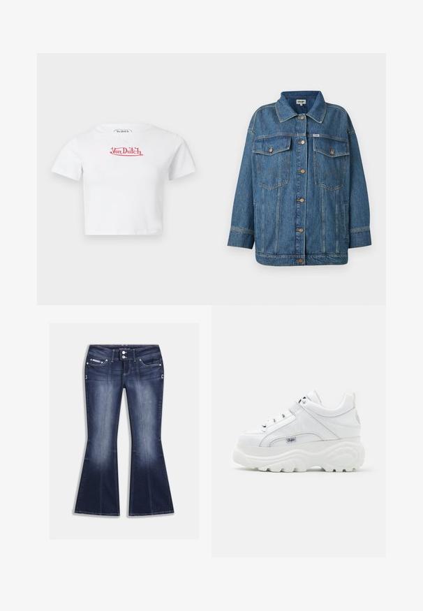 Veste en denim bleu avec fermeture à boutons, deux poches poitrine à rabat, poches latérales et détails de couture contrastés.; T-shirt blanc court à manches courtes avec logo rouge "Von Dutch" centré sur la poitrine sur fond uni.; Jean évasé bleu foncé en denim, doté de cinq poches, de coutures contrastantes et d'une fermeture à boutons avec des accents décoratifs à l'avant.; Baskets plateformes blanches en matériau synthétique brillant, avec un design à lacets, un col rembourré et un accent de marque sur le côté.
