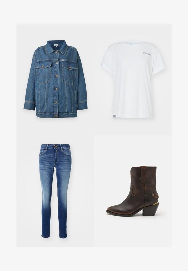 Blauwe spijkerjacket met knopenfront, twee knoop-flap borstzakken, zijzakken en contrasterende stikseldetails.; Witte katoenen T-shirt met opgerolde mouwen, ronde hals, voorzien van een klein grijs bedrukt logo aan de voorkant en een numeriek detail aan de zoom.; Skinny jeans in een aflopende blauwe denim, met vijf zakken, een knoopsluiting en subtiele vervaging naar de enkels. Klassiek design.; Bruine leren cowboylaars met een puntenneus en gestapelde hak. Voorzien van een decoratief ruitpatroon en een riem met hardware accent.