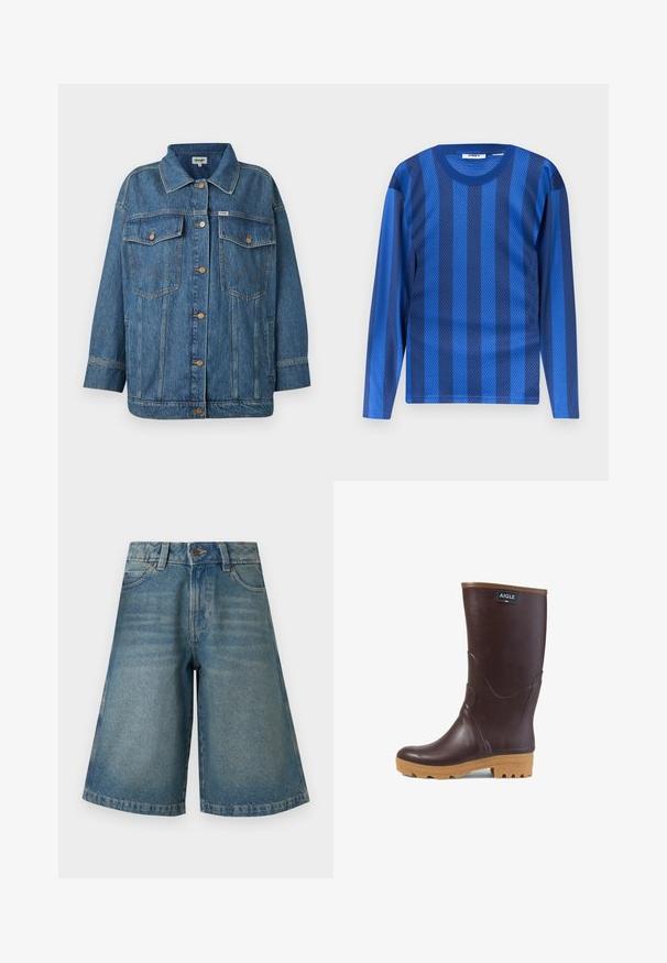 Blaues Denim-Jackett mit Knopfvorderseite, zwei Brusttaschen mit Klappen, Seitentaschen und kontrastierenden Nähten.; Langärmeliges blaues Hemd mit abwechselnd dunklen und hellen vertikalen Streifen, gefertigt aus atmungsaktivem Netzstoff.; Blaue Jeans-Shorts knielang mit vorderem Knopf, Reißverschluss, Gürtelschlaufen und Taschen vor einem schlichten hellen Hintergrund.; Dunkelbrauner Gummistiefel bis zur Mitte der Wade mit hellbrauner Sohle, strukturiertem Profil und "AIGLE"-Logo-Patch nahe der Oberseite.