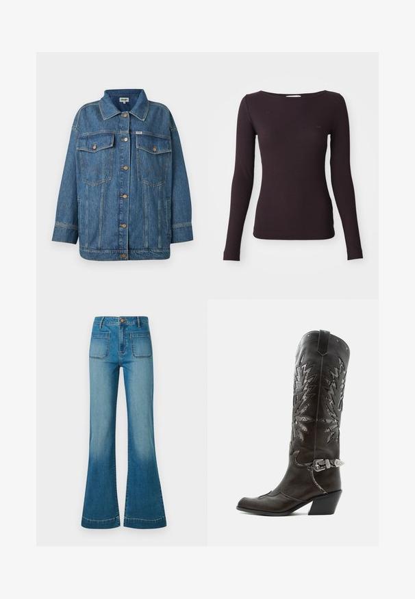 Blaues Denim-Jackett mit Knopfvorderseite, zwei Brusttaschen mit Klappen, Seitentaschen und kontrastierenden Nähten.; Langärmliges geripptes Oberteil in Dunkelpurpur mit einem weit ausgeschnittenen Hals und taillierter Silhouette. Weicher Stoff mit subtilen Logodetails auf der Brust.; Blaue hochgeschnittene Jeans mit vorderen Paspeltaschen und Schlagbeinen, ausgestattet mit einem Knopf- und Reißverschluss.; Schwarzer Leder-Cowboystiefel mit dekorativen Ausschnitten, silberner Schnalle und schräger Ferse, auf weißem Hintergrund dargestellt.