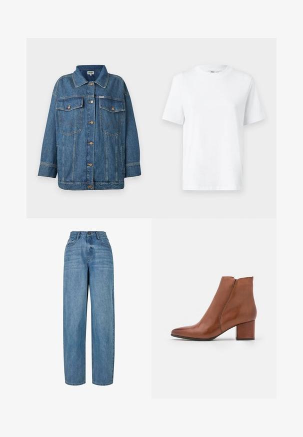 Veste en denim bleu avec fermeture à boutons, deux poches poitrine à rabat, poches latérales et détails de couture contrastés.; T-shirt en coton blanc à col rond, avec des manches courtes et une texture lisse. Conçu avec une coupe décontractée pour plus de confort et de polyvalence.; Jean en denim bleu clair avec une coupe droite, doté d'une fermeture à bouton, de cinq poches et d'un léger délavage sur l'ensemble du tissu.; Bottillon en cuir marron avec un orteil pointu, un talon moyen et un minimum de coutures. Texture lisse avec une finition polie.