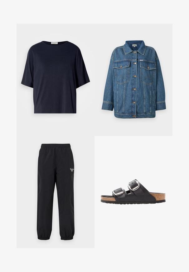 Blaues Denim-Jackett mit Knopfvorderseite, zwei Brusttaschen mit Klappen, Seitentaschen und kontrastierenden Nähten.; Marineblaues Kurzarm-T-Shirt aus weichem Stoff mit lockerer Passform und rundem Ausschnitt. Verfügt über ein minimalistisch gestaltetes Design ohne sichtbare Muster.; Schwarze Hosen mit elastischem Bund und elastischen Bündchen sowie einem kleinen weißen Carhartt-Logo am oberen linken Oberschenkel.; Schwarze Sandale mit zwei verstellbaren Riemen, silbernen Schnallen und einem Korkfußbett auf einer strukturierten schwarzen Gummisohle.