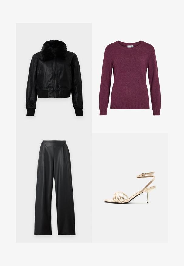 Sort læder cropped jakke med krave i faux pels, ribbet manchetter og talje. Har en front lynlås og sidelommer.; Bordeaux striktrøje med rund halsudskæring, lange ærmer, ribbestrikkede manchetter og nederste kant. Blødt tekstur med et understated, let meleret look.; Sorte bredbenede bukser i kunstlæder med høj talje, knapdetaljer på linningen og frontplisseringer.; Roseguld sandal med høj hæl, tynd ankelrem og lav, slank hæl på hvid baggrund.
