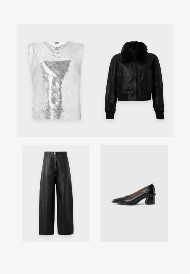 Veste cropped en cuir noir avec un col en fausse fourrure, des poignets à côtes et une taille côtelée. Elle est dotée d'une fermeture éclair à l'avant et de poches latérales.; Rabanne Débardeur - silver-coloured; Pantalons larges en cuir noir avec taille haute, poches avant et détails de couture subtils. La texture lisse met en valeur le design.; Escarpin noir en cuir à petit talon avec un bout pointu et un talon bloc évasé unique sur un fond gris clair uni.