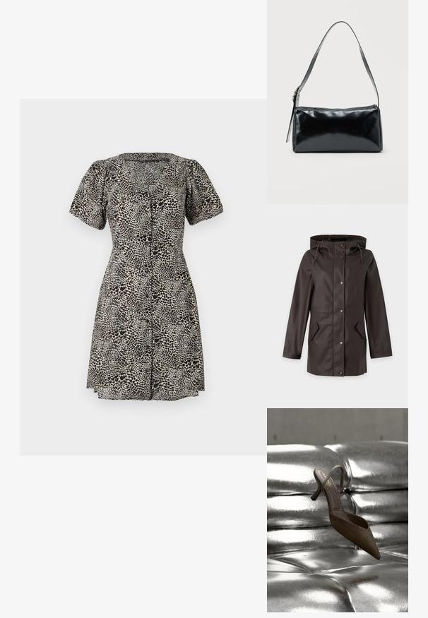 Donkerbruine waterdichte regenjas met capuchon, voorzijde met drukknoopsluiting en twee schuine klepzakken aan elke kant.; Leopard print jurk met korte pofmouwen, V-hals en een sluiting met knopen aan de voorkant. Gemaakt van lichte stof, met een uitlopende rok.; Bruine puntige schoen met een dunne riem, gemaakt van suède, met een kleine blokhak. Geplaatst op een glanzend metalen oppervlak.; Zwarte rechthoekige schoudertas met een enkele verstelbare band en een bovenste ritssluiting op een effen achtergrond.