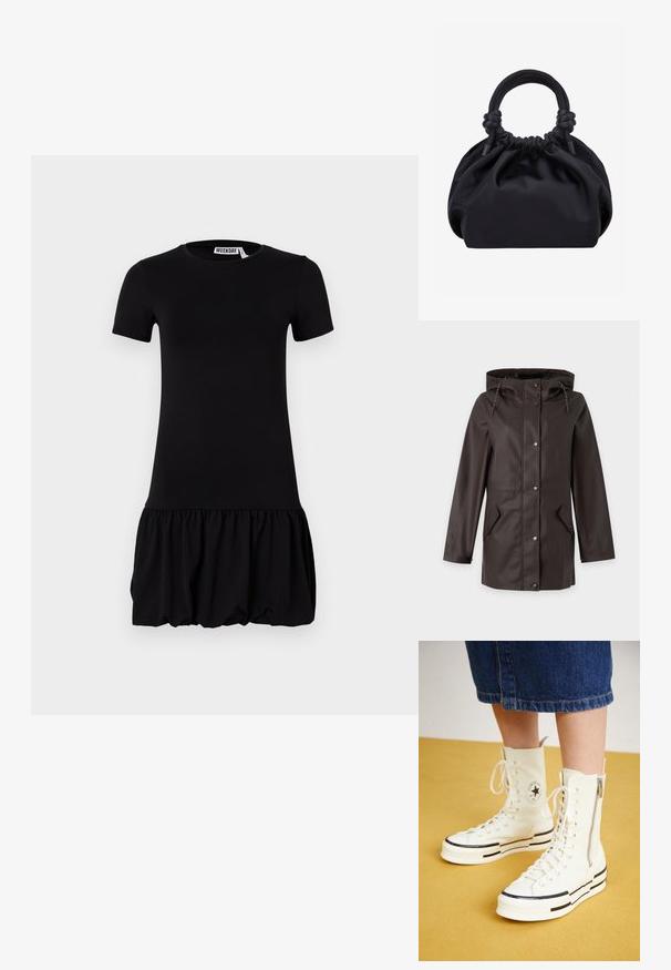 Imperméable à capuche marron foncé avec boutons-pression à l'avant et deux poches à rabat inclinées de chaque côté.; Robe noire à manches courtes avec un corsage ajusté et une jupe évasée et plissée. Matériau doux avec une texture lisse et un col rond.; Baskets montantes blanches avec une fermeture éclair, un design à lacets et des accents de rayures noires sur une semelle épaisse. Matériau en toile texturée.; Sac à main en tissu noir doux avec dessus froncé et poignées arrondies nouées à la base, sur un fond clair uni.