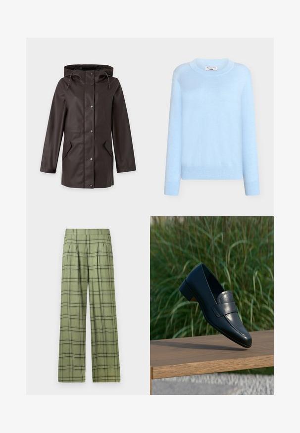 Impermeable con capucha de color marrón oscuro, con botones de presión delanteros y dos bolsillos con solapa inclinada a cada lado.; Jersey azul claro hecho de tela de punto suave. Cuello redondo, mangas largas y acentos de borde acanalado. Diseño simple y estilizado.; Pantalones de pierna ancha en verde con un patrón de cuadros en negro, cintura alta, pliegues frontales y bolsillos laterales.; Mocasín negro de cuero con tacón bajo equilibrándose en el borde de un banco de madera al aire libre con hierba alta y verde de fondo.