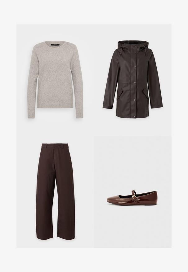 Imperméable à capuche marron foncé avec boutons-pression à l'avant et deux poches à rabat inclinées de chaque côté.; Pull gris clair en maille douce. Il présente un col rond et des manches longues avec des côtes aux poignets et à l'ourlet. Design simple.; Pantalon marron à jambe droite avec passants de ceinture et fermeture devant, présenté sur fond blanc uni.; Ballerine en cuir verni marron avec un bout carré et une lanière ornée d'une petite boucle dorée. Texture lisse, talon bas et design minimaliste.
