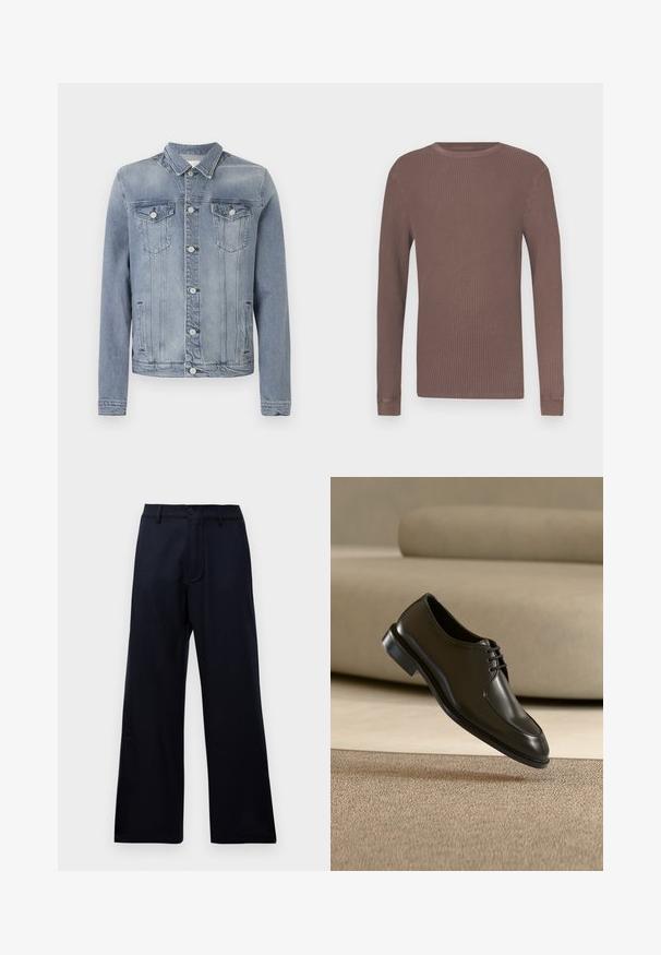 Hellblaue Jeansjacke mit Knopfleiste, zwei Brustklappentaschen mit Knöpfen und seitlichen Schlitztaschen, vor einfachem Hintergrund präsentiert.; Langarmshirt aus braunem, geripptem Stoff mit Rundhalsausschnitt und eng anliegenden Bündchen. Hergestellt aus strukturiertem Gewebe für Komfort und Wärme.; Schwarze hoch taillierte weite Hose mit Gürtelschlaufen, vorderem Knopf und Reißverschluss vor einem schlichten weißen Hintergrund.; Schwarzer Lederschuh mit geschlossener Schnürung schwebt über beigem Teppich, beiges Sofa im Hintergrund unscharf.
