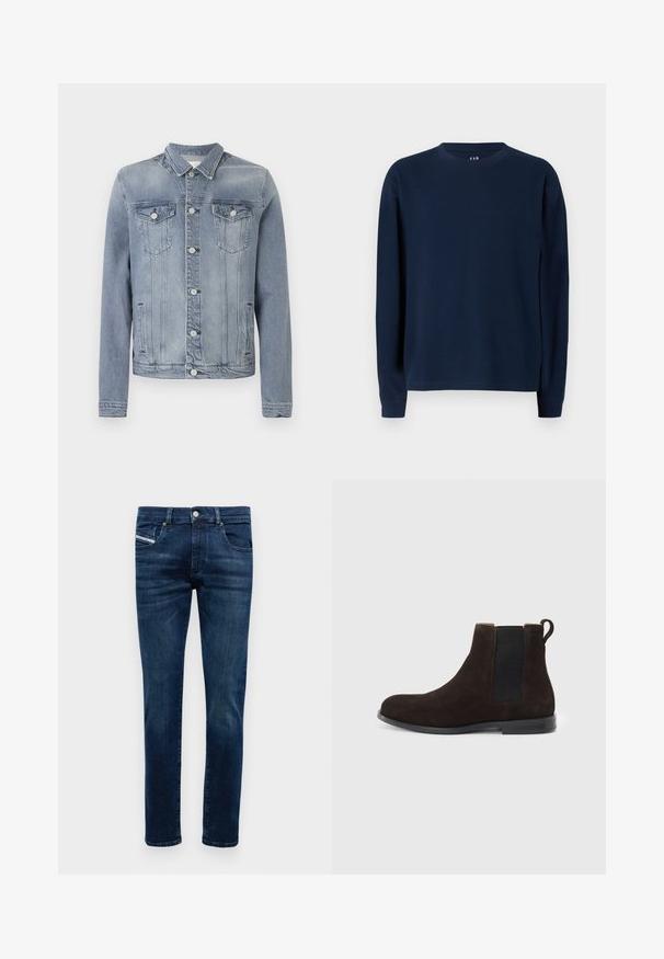 Lyseblå denimjakke med knappelukning foran, to brystlommer med knapper og sidelommer med slidser, vist på en ensfarvet baggrund.; Marineblå langærmet crewneck sweatshirt i ribbet tekstur, med en lige pasform og forstærkede sømme, der præsenterer et klassisk design.; Mænds mørkeblå slim-fit jeans med fem lommer, knaplukning og subtilte slidte detaljer på lårene og knæene.; Brune suedette Chelsea støvle med elastiske sidepaneler og en hævet tab, der har en rund tå og en flad gummisål.