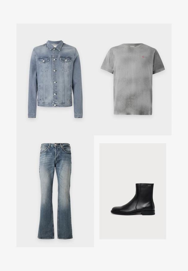 Hellblaue Jeansjacke mit Knopfleiste, zwei Brustklappentaschen mit Knöpfen und seitlichen Schlitztaschen, vor einfachem Hintergrund präsentiert.; Graues Kurzarm-T-Shirt mit strukturiertem Finish. Mit einem kleinen roten Logo auf der linken Brust. Einfacher runder Ausschnitt und gerader Saum.; Blaue ausgewaschene Jeans mit leicht ausgestelltem Bein, Fünf-Taschen-Design und Knopfverschluß an der Taille.; Schwarzer, glatter Lederknöchelstiefel mit niedrigem Absatz und seitlichem Reißverschluss, mit Hugo nahe dem oberen Rand beschriftet.