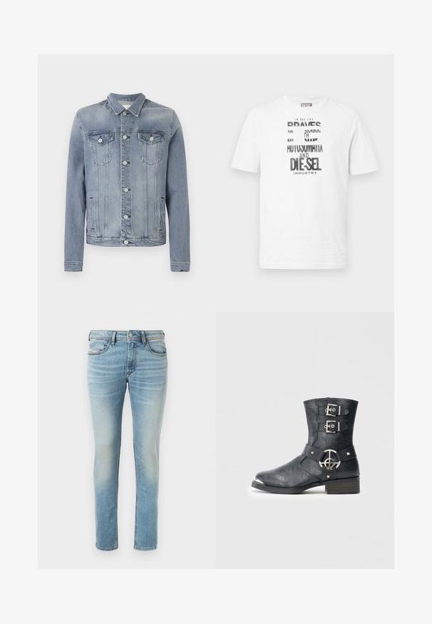 Hellblaue Jeansjacke mit Knopfleiste, zwei Brustklappentaschen mit Knöpfen und seitlichen Schlitztaschen, vor einfachem Hintergrund präsentiert.; Weißes Diesel T-Shirt mit kurzen Ärmeln, schwarzem und weißem grafischem Text und Logo auf der Vorderseite, rundem Ausschnitt und rotem Logoschild an der Seitennaht.; Hellblaue Denim-Jeans mit tailliertem Schnitt, fünf Taschen, subtilen Auswaschungen, mit Knopfverschluss und Gürtelschlaufen.; Schwarzer Lederknöchelstiefel mit abgerundeter Spitze, zwei Riemen mit Schnallen, silbernen Metallakzenten und niedrigem Blockabsatz. Strukturierte Oberfläche.
