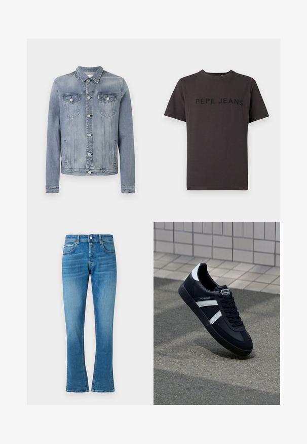 Hellblaue Jeansjacke mit Knopfleiste, zwei Brustklappentaschen mit Knöpfen und seitlichen Schlitztaschen, vor einfachem Hintergrund präsentiert.; Dunkelgraues T-Shirt aus Baumwolle mit kurzen Ärmeln und Rundhalsausschnitt. "PEPE JEANS" ist vorne in Schwarz geprägt.; Blaue Denim- Schlagjeans mit normaler Taille, zwei Fronttaschen und leichter Abnutzung. Der Stoff hat eine weiche Textur und traditionelle Nähte.; Schwarze Leder-Sneaker mit weißen Streifen, strukturiertem Gummisohle und Schnürung. Verfügt über ein Markenetikett auf der Zunge.