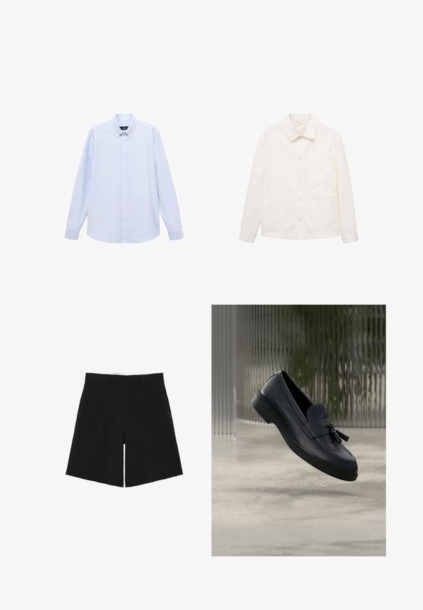 Off-white skjortejakke med lange ærmer, krave og tre forlommer, herunder en brystlomme.; Lyseblå langærmet skjorte med knapper og klassisk krave, lige bund og subtil tekstur. Har en central knaplukning.; Sorte skræddersyede shorts med bæltestropper, forreste læg og sidelommer, lagt fladt på en hvid baggrund.; Sorte læderloafers med en glat tekstur, en rundet tå og dekorative kvaster foran. Fleksibel gummisål med lav hæl.