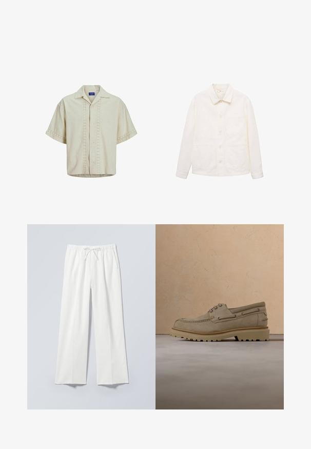 Off-white skjortejakke med lange ærmer, krave og tre forlommer, herunder en brystlomme.; Kortærmet skjorte i beige linned med knaplukning foran, med øje-detail langs center og ærmekanter. Lige kant.; Hvide bukser med vide ben, elastik i taljen og snor, med sidelommer og et blødt, let tekstureret stof.; Beige ruskind casual snørestøvle med tyk, rillet sål, vist i luften over matchende beige struktureret overflade og baggrund.