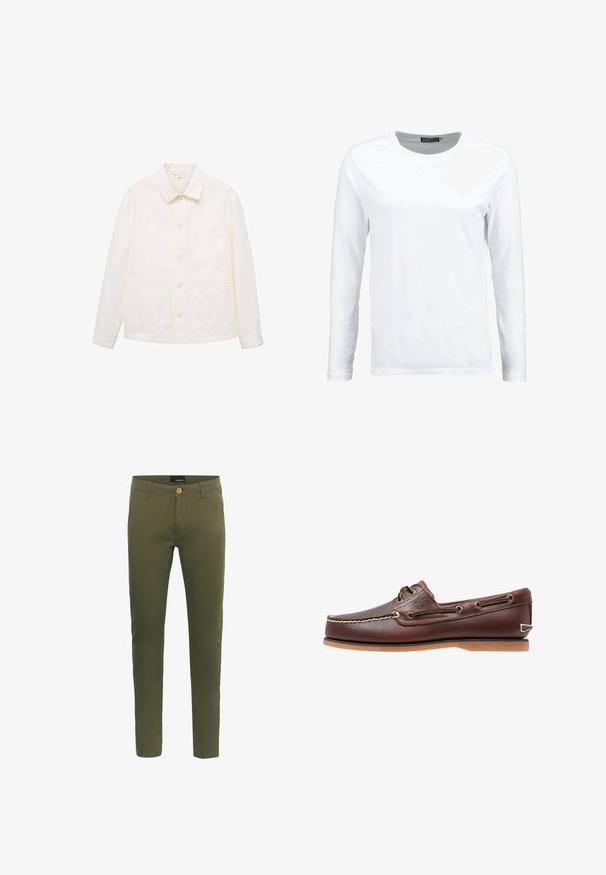 Hellgraue Button-Up-Jacke mit langen Ärmeln, einem Kragen und drei Fronttaschen, darunter eine Brusttasche.; Weiße langärmlige T-Shirt aus Baumwolle, mit Rundhalsausschnitt und glatter Textur. Keine Muster oder Akzente. Schlichtes Design.; Olivgrüne Hosen aus weichem Baumwollgemisch mit vorderem Knopfverschluss, Gürtelschlaufen und slim fit Design.; Brauner Leder-Bootsschuh mit weißen Nähten, Schnürdetails und hellbrauner Gummisohle, seitlich auf weißem Hintergrund gezeigt.