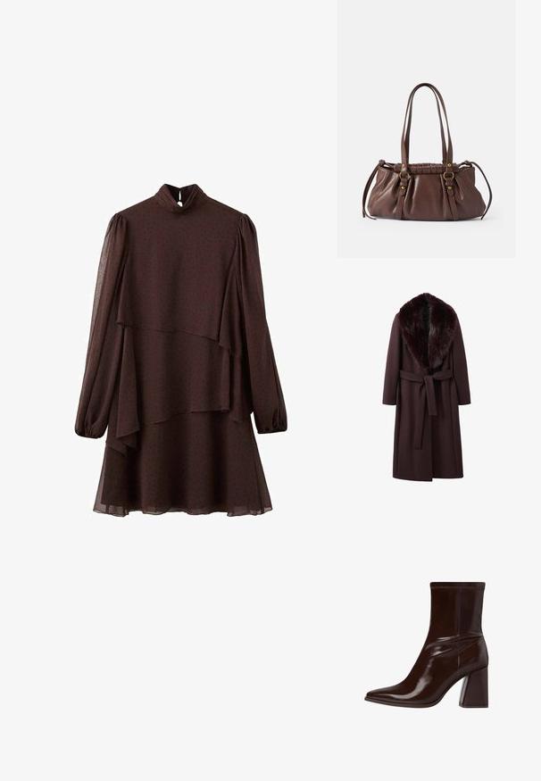 Manteau bordeaux avec col en fourrure, doté d'une taille ceinturée, de manches longues et d'une coupe droite, confectionné dans un tissu doux et texturé.; Robe marron foncé à manches longues avec ourlet asymétrique en couches, col montant avec fermeture bouton à découpe en goutte, et motif à petits pois subtil.; Bottine en cuir verni marron avec un bout pointu, une cheville élastique et un talon bloc épais. Design élégant avec une texture lisse.; Sac à main en cuir brun avec deux longues poignées, design froncé, accents en métal doré et finition texturée.