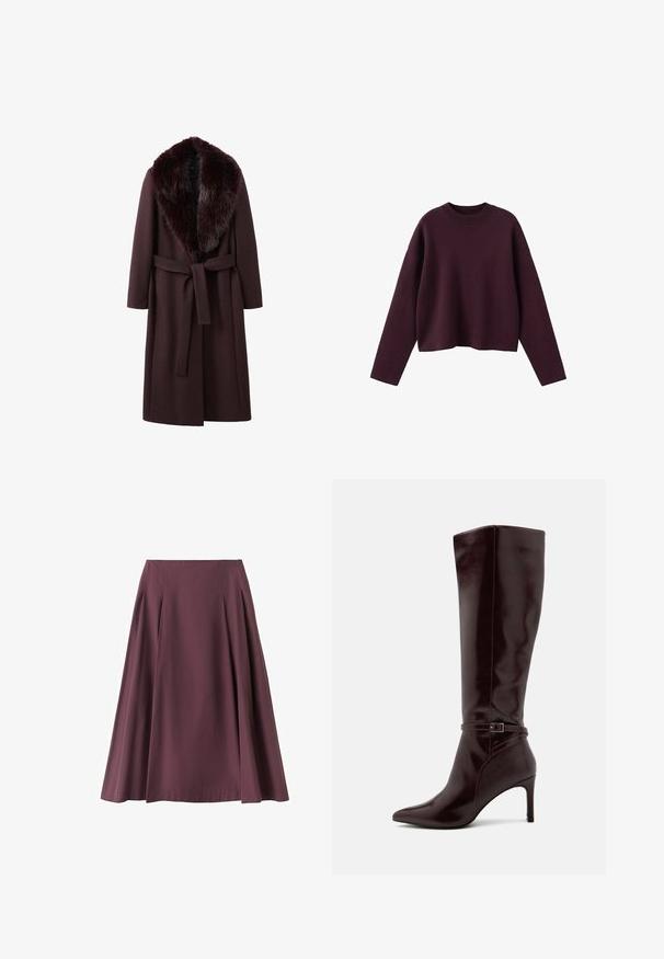 Manteau bordeaux avec col en fourrure, doté d'une taille ceinturée, de manches longues et d'une coupe droite, confectionné dans un tissu doux et texturé.; Pull en tricot bordeaux avec un design court, un col rond côtelé et des manches longues. Texture douce et coupe décontractée, détails minimalistes.; Jupe mi-longue en ligne A de couleur prune profonde avec des plis subtils et une ceinture lisse, fabriquée en tissu léger.; Anna Field by Zalando Bottes - bordeaux