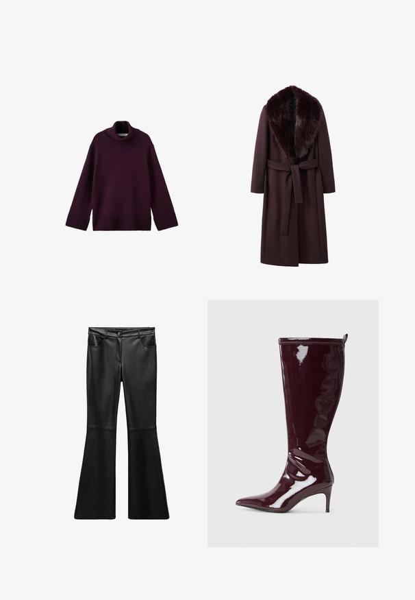 Vinrød frakke med pelskrave, med bælte i taljen, lange ærmer og en lige snit, lavet af blødt, struktureret stof.; Lilla, chunky strikket turtleneck sweater med ribbede manchetter og kant, der har en løs pasform og tekstureret stof.; Sort faux læder flared bukser med en glat tekstur, høj talje, forlommer og lynlåsgylp. Har sømdetaljer på benene.; Vinrøde knæhøje støvler i laklæder med spids tå og tynd hæl. Glat tekstur; tætsiddende design med en trække-flig bagpå.