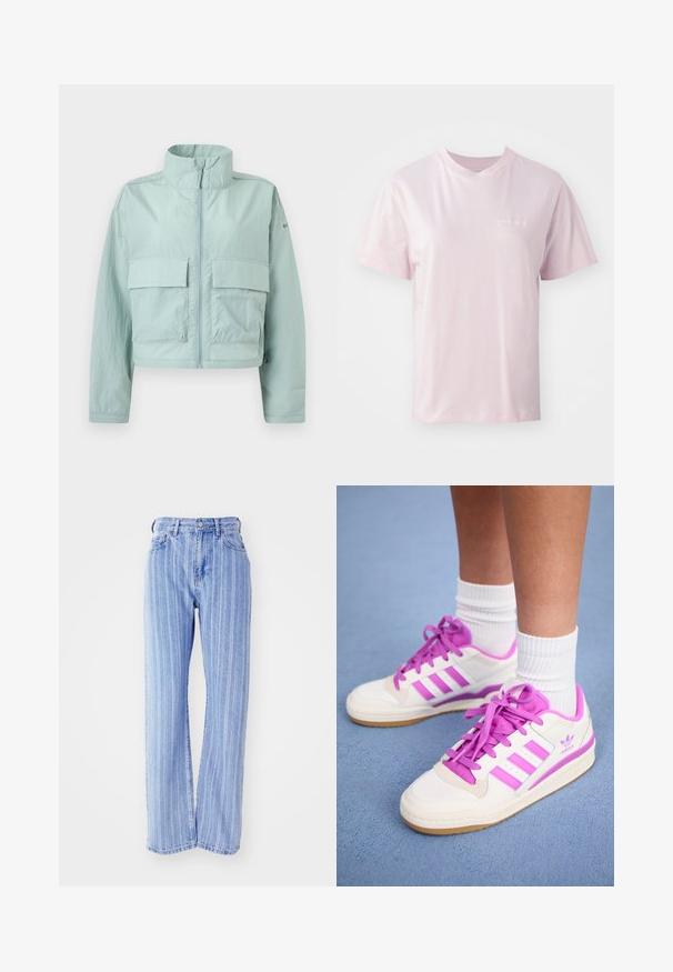 Chaqueta azul claro recortada con cuello alto, cremallera frontal y dos grandes bolsillos con solapa en el pecho.; T-shirt de algodón de color rosa claro con cuello redondo, mangas cortas y un logotipo sutil impreso en blanco en la parte izquierda del pecho.; Vaqueros de denim azul claro con rayas blancas verticales, cintura alta, corte holgado, cinco bolsillos y cierre de botón.; Zapatillas blancas con acentos y cordones rosas, presentan tres franjas horizontales rosas y una suela de goma. Se pueden ver calcetines de algodón por encima del tobillo.