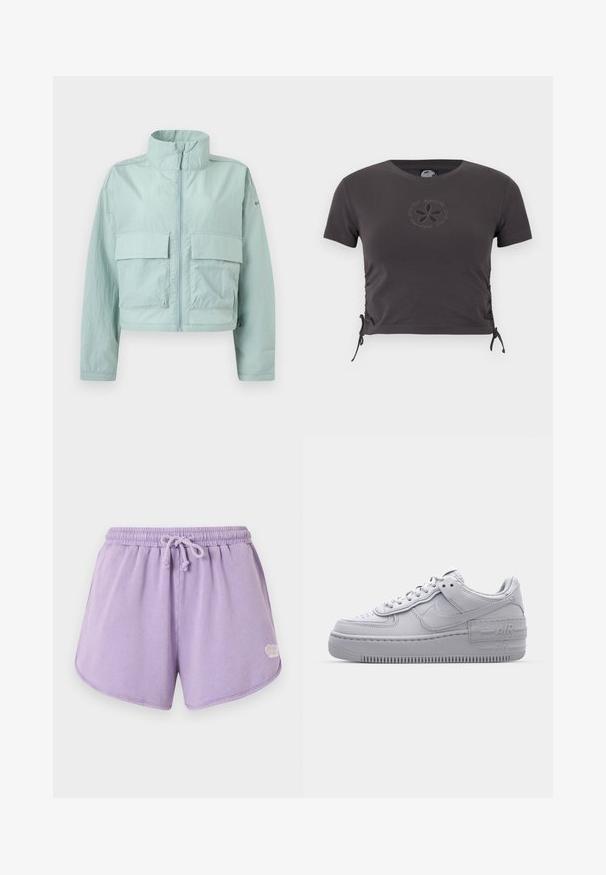 Veste courte bleu clair avec col montant, fermeture éclair à l'avant et deux grandes poches à rabat sur la poitrine.; T-shirt court à manches courtes gris foncé avec encolure ronde, cordons latéraux et petit motif de fleur brodée sur la poitrine.; Shorts en éponge lilas doux avec taille élastique et cordon de serrage, ourlet arrondi, et petit logo blanc sur le côté inférieur droit.; Basket en cuir lisse gris Nike Air Force 1 avec un bout perforé, une semelle épaisse et un détail 'AIR' en relief sur le talon.