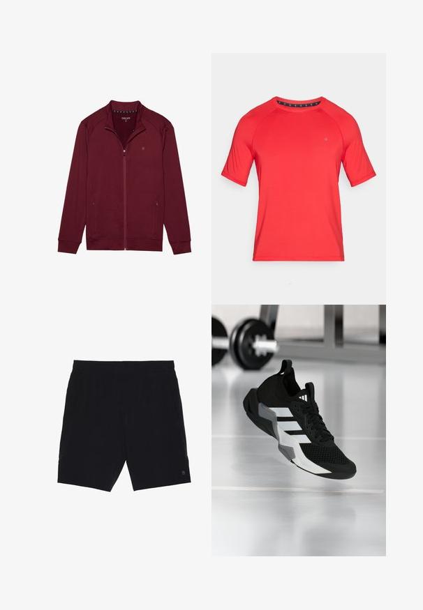 Burgunderfarbene Zip-Jacke mit langen Ärmeln, weichem Textilgewebe, zwei seitlichen Taschen und einem Stehkragen. Mit kleinem Logo auf der Brust.; Rotes sportliches T-Shirt mit kurzen Ärmeln und rundem Ausschnitt, featuring Raglanärmel und einem kleinen Logodetail auf der Vorderseite.; Schwarze Shorts aus leichtem Material mit einem elastischen Bund, zwei seitlichen Taschen und einem kleinen Logo auf der unteren rechten Seite.; Schwarzer Sportschuh mit Mesh-Obermaterial, weißen Streifen und grauen Akzenten. Verfügt über einen gepolsterten Kragen und eine Gummisohle. Geeignet für die Nutzung im Fitnessstudio.